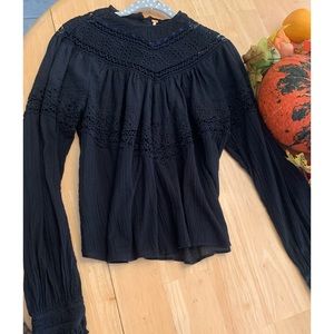Free People Crochet Black Gauze Top